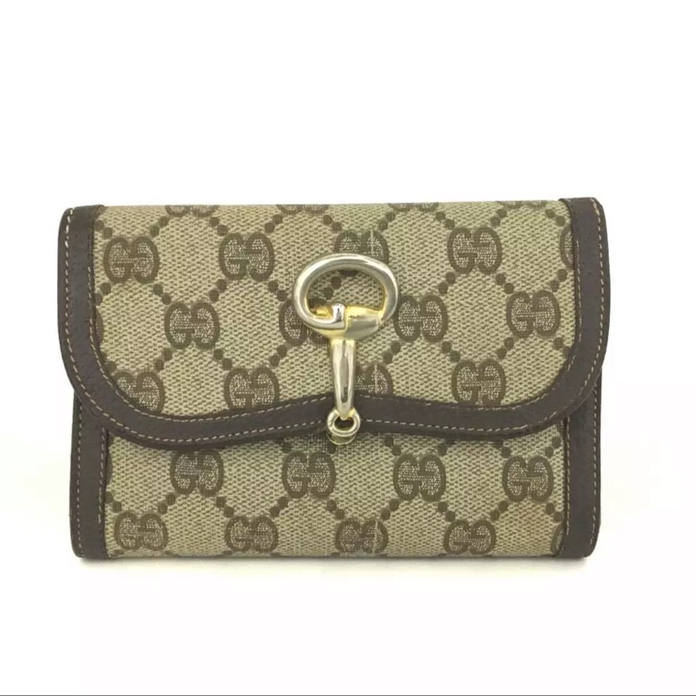 AUTH OLD GUCCI Horse Bit GG Logo Leather Trifold Wallet - Picture 1 of 8